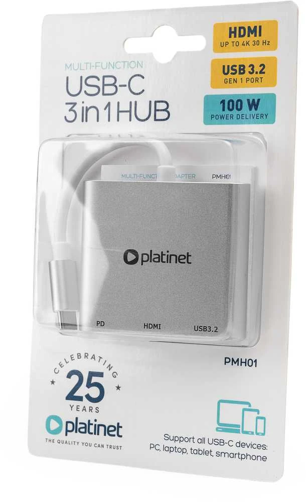 Platinet USB šakotuvas PLATINET medijos šakotuvas USB-C 3.2 GEN1 5GB/S 3IN1 HDMI 4K USB-A 3.2 USB-C PD 100W aliuminio [46241]
