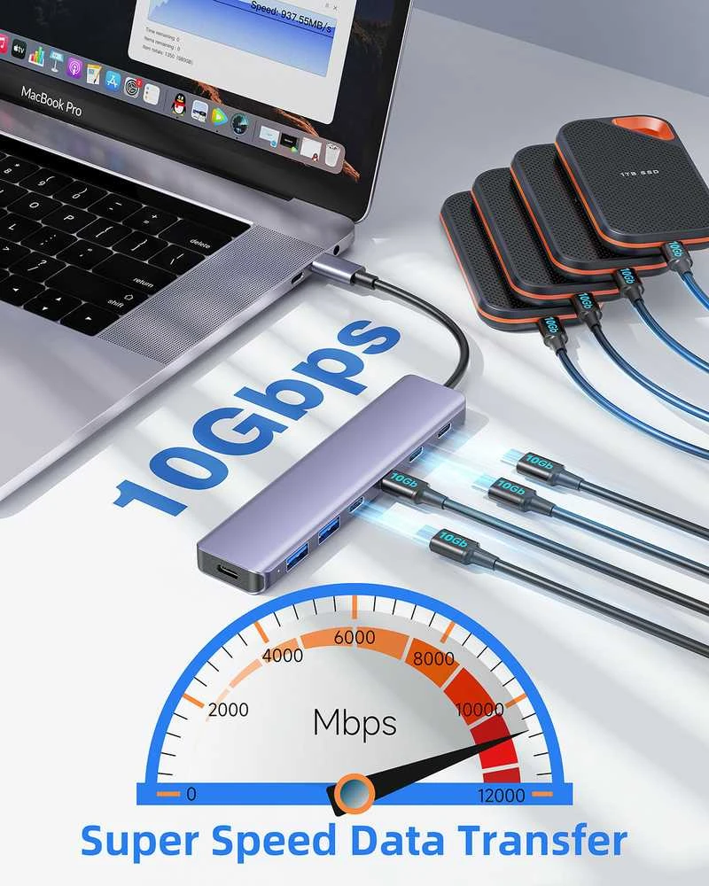 Platinet USB šakotuvas PLATINET medijos šakotuvas USB-C į 4X USB-C 3.2 GEN2 + 2X USB-A 3.2 GEN1 + 1X USB-C PD 100W 7IN1 ALIUMINIS [46236]