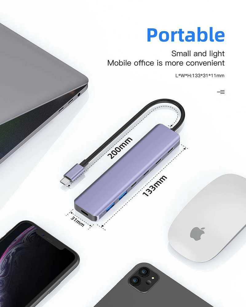 Platinet USB šakotuvas PLATINET medijos šakotuvas USB-C į 4X USB-C 3.2 GEN2 + 2X USB-A 3.2 GEN1 + 1X USB-C PD 100W 7IN1 ALIUMINIS [46236]