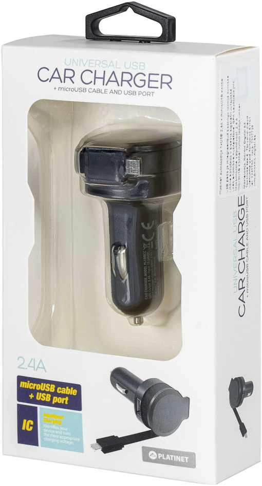 Įkroviklis automobilinis Platinet su MicroUsb laidu (1xUSB 2.4A) juodas