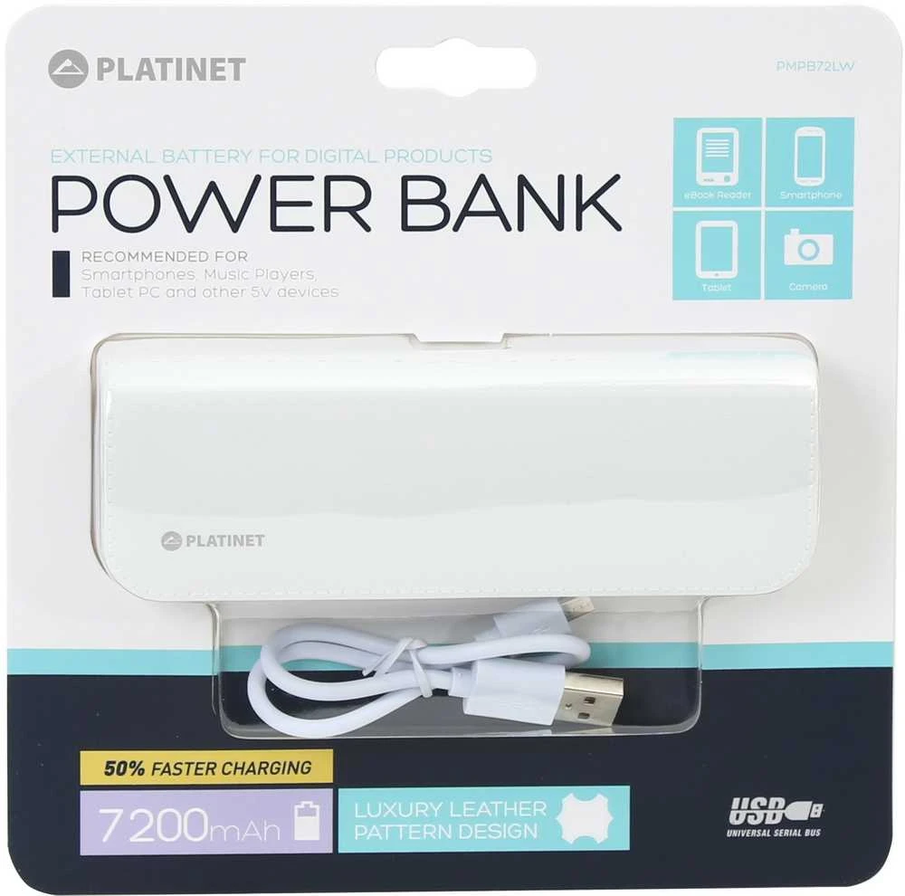 Odinės apdailos išorinė baterija PowerBank Platinet 7200mAh PMPB72LW su microUSB laidu
