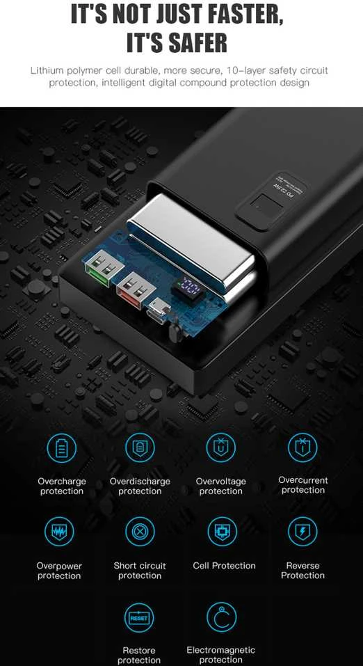Išorinė baterija POWER BANK Platinet 20000mAh (2xUSB; 1xType-C; QC3.0 22,5W) juoda