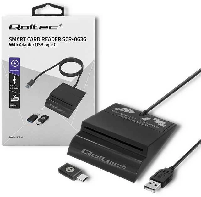 QOLTEC 50636 Intelligent Smart ID lustinių kortelių skaitytuvas SCR0636 USB tipo C