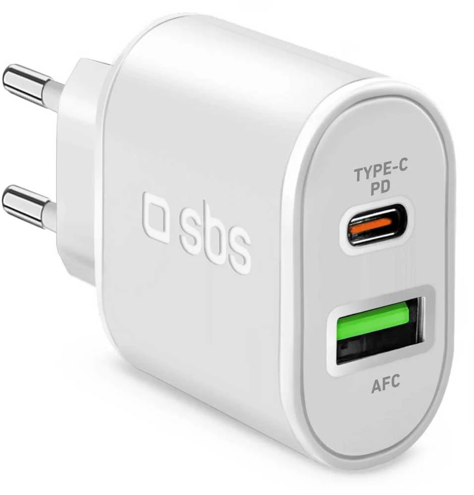 SBS TETRPD20W 20W USB-A USB-C sieninis įkroviklis su maitinimo tiekimu – baltas