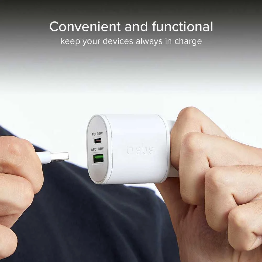 SBS TETRPD20W 20W USB-A USB-C sieninis įkroviklis su maitinimo tiekimu – baltas