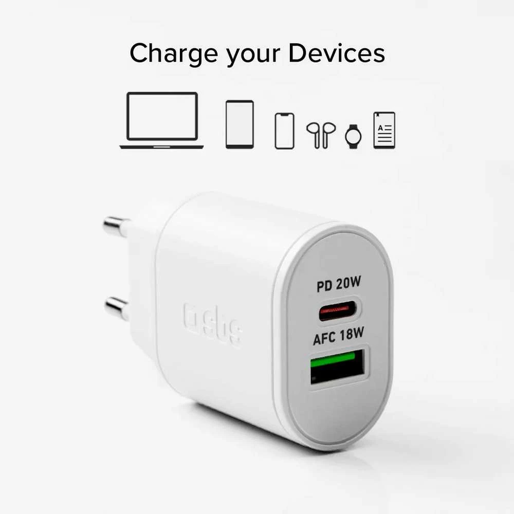 SBS TETRPD20W 20W USB-A USB-C sieninis įkroviklis su maitinimo tiekimu – baltas
