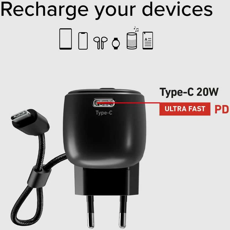 SBS Hybrid PD 20W 5000mAh išorinė baterija su įmontuotu laidu ir sulankstomu kištuku - Juodas