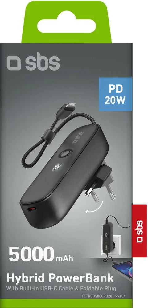 SBS Hybrid PD 20W 5000mAh išorinė baterija su įmontuotu laidu ir sulankstomu kištuku - Juodas