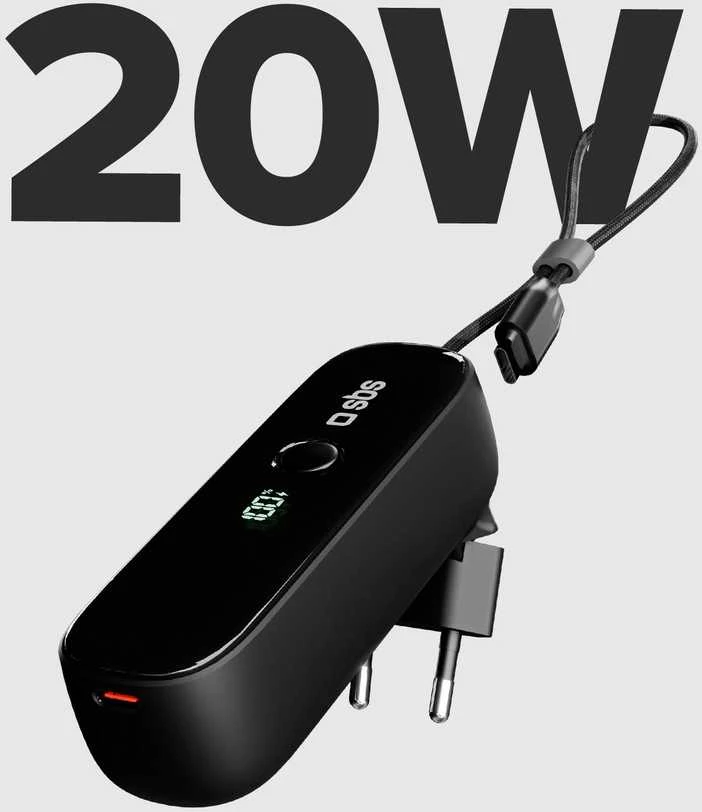 SBS Hybrid PD 20W 5000mAh išorinė baterija su įmontuotu laidu ir sulankstomu kištuku - Juodas