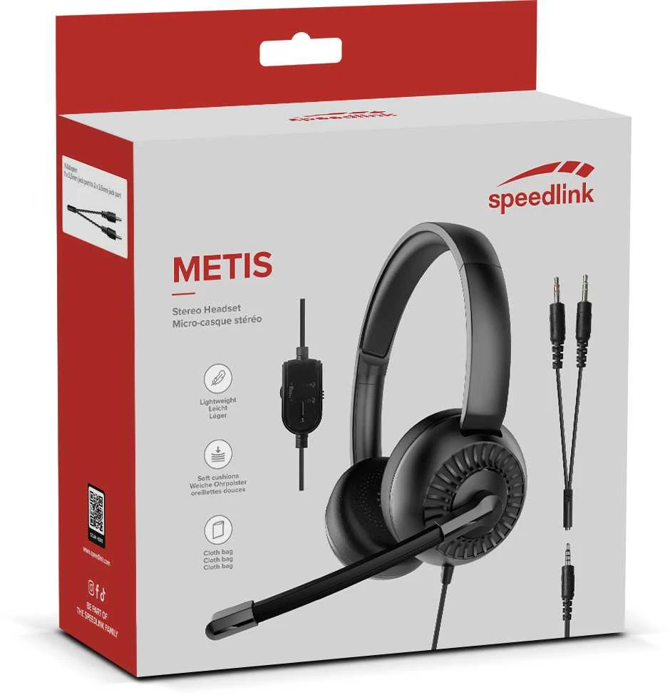 „Speedlink Metis“ stereo ausinės, 3,5 mm lizdas su Y formos adapteriu, juodos