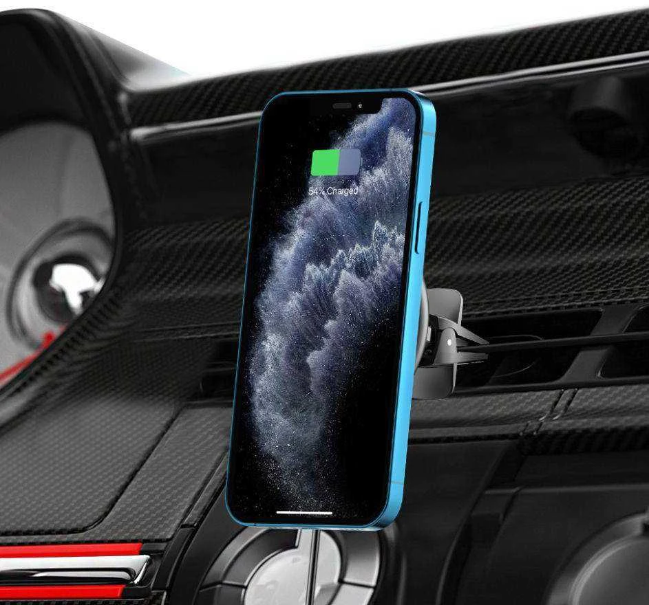 MagSafe Automobilinis laikiklis su 15W belaidžiu įkrovimu ventiliacijos grotelėms Tech-Protect A2 juodos spalvos