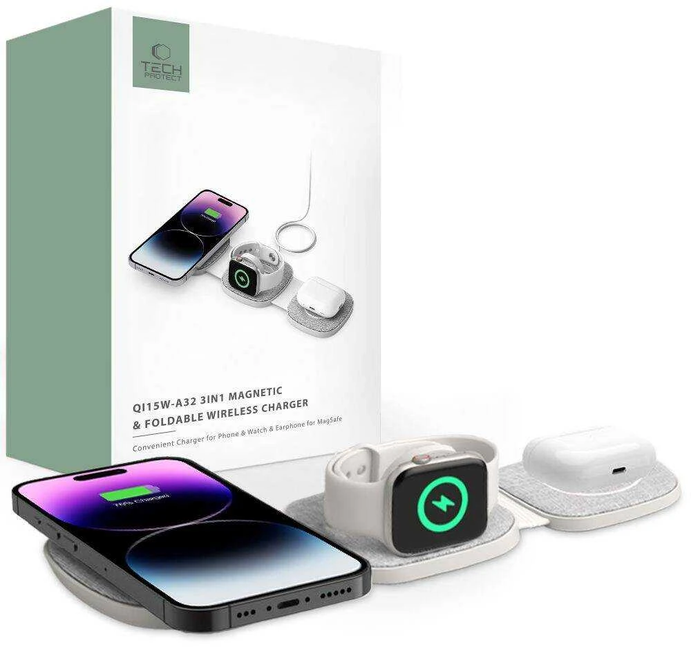 Belaidis magnetinis įkroviklis MagSafe 15W 3in1 iPhone + Apple Watch + AirPods Tech-Protect QI15W-A32 pilkos spalvos