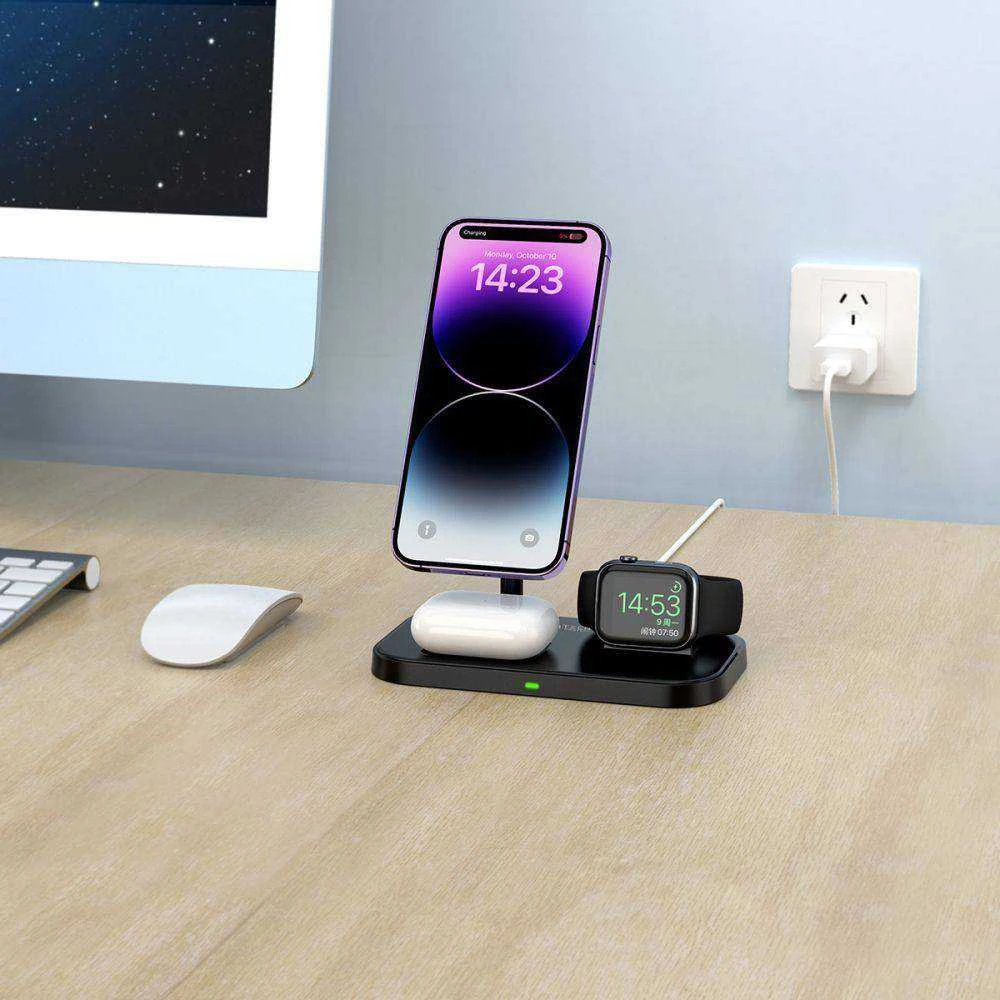 Belaidis magnetinis įkroviklis 3in1 15W telefonams su MagSafe, AirPods, Apple Watch Watch Tech-Protect QI15W A22 juodos spalvos