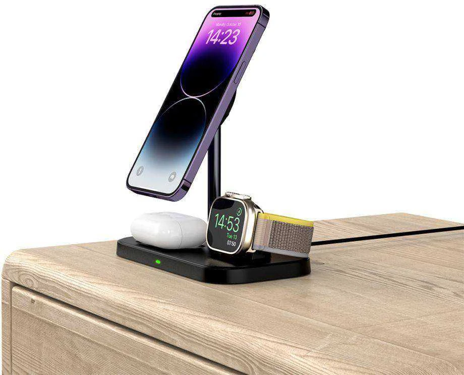 Belaidis magnetinis įkroviklis 3in1 15W telefonams su MagSafe, AirPods, Apple Watch Watch Tech-Protect QI15W A22 juodos spalvos