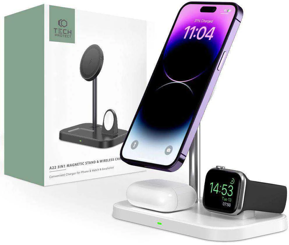Belaidis magnetinis įkroviklis 3in1 15W telefonams su MagSafe, AirPods, Apple Watch Watch Tech-Protect QI15W A22 baltos spalvos