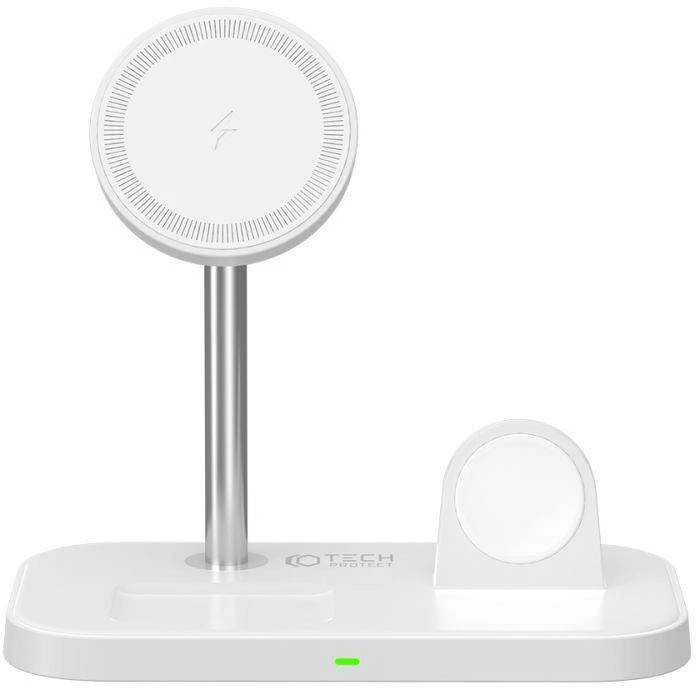 Belaidis magnetinis įkroviklis 3in1 15W telefonams su MagSafe, AirPods, Apple Watch Watch Tech-Protect QI15W A22 baltos spalvos