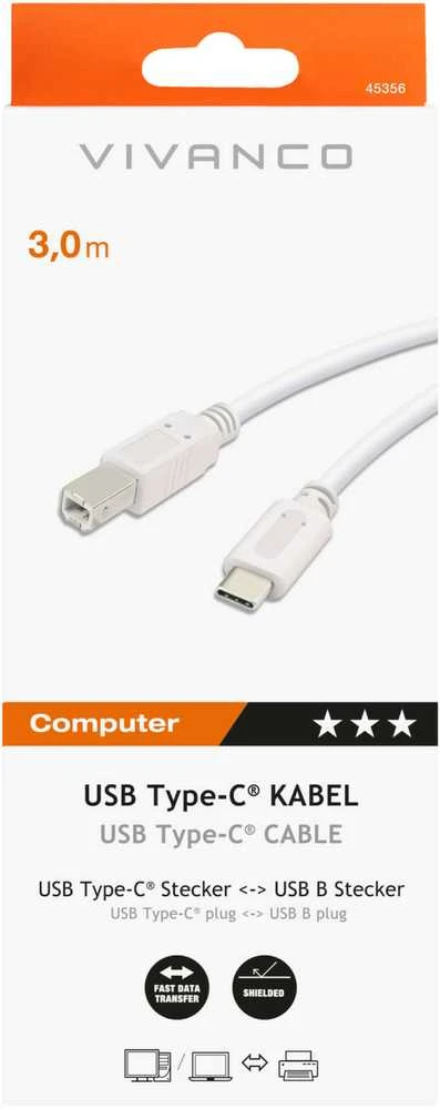Vivanco kabelis USB-C - USB-B 3m, baltas (45356)
