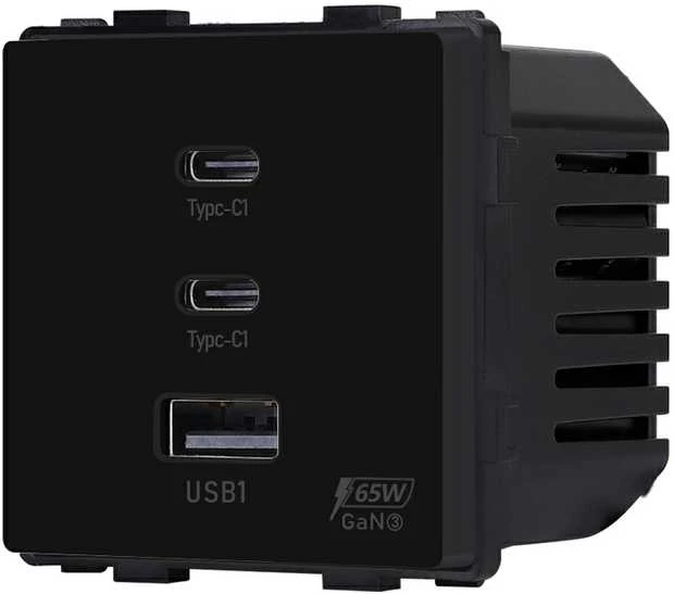 Greito krovimo rozetė Feelspot su USB+C+C jungtimis, 65W, juoda