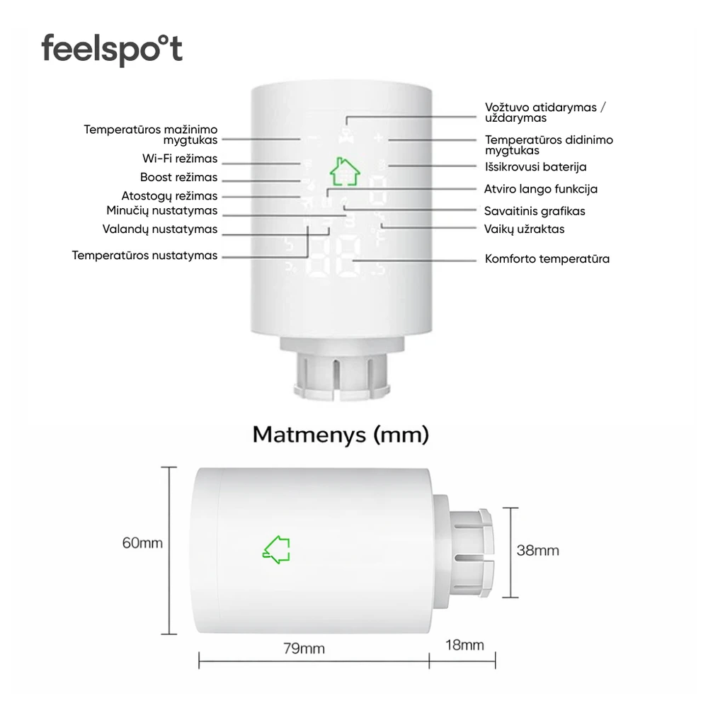 Išmani termostatinė galva radiatoriams Feelspot TG22.09 Zigbee Tuya