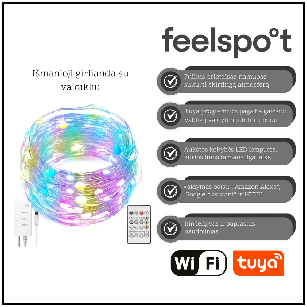 Išmanioji girlianda su valdikliu Feelspot FS-RSL02W 10m Wi-fi, Tuya