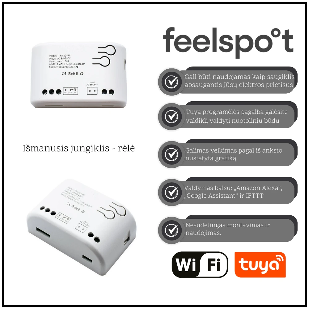 Išmanusis jungiklis - rėlė Feelspot FS-SRS02W RF, Wi-fi, Tuya