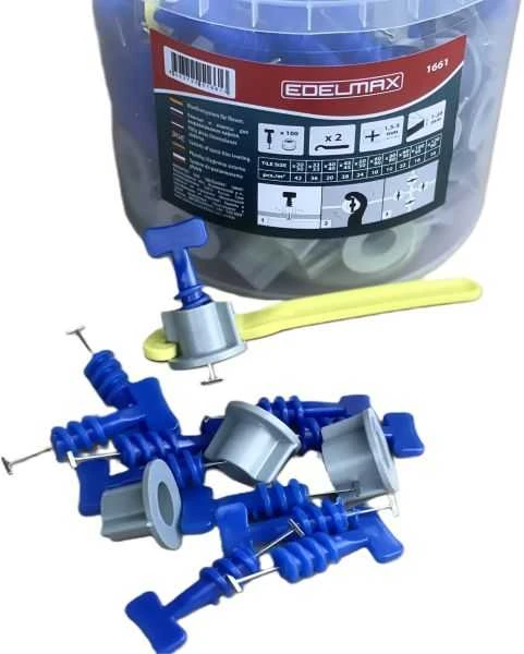 Plytelių išlyginimo sistema daugkartinė 100vnt. +2 raktai 1,5-5mm EDELMAX 1661