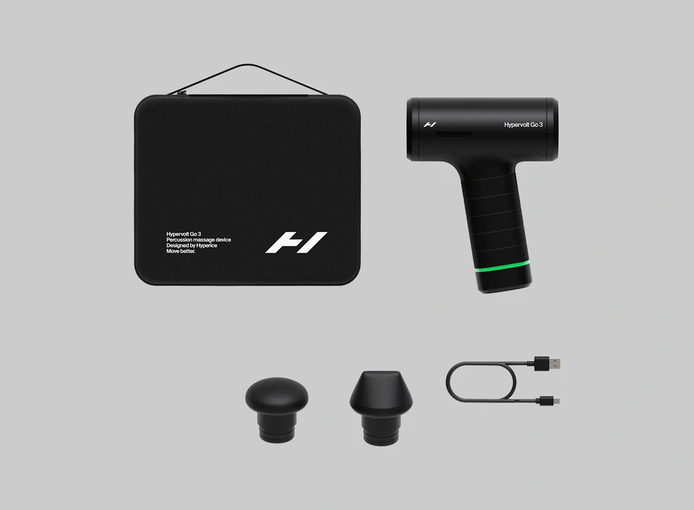 Hyperice Hypervolt Go 3 masažinis pistoletas, juodos spalvos
