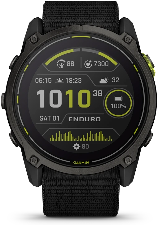 Išmanusis laikrodis Garmin Enduro 3 Pilkos anglies spalvos DLC titanas su juodos spalvos UltraFit Nylon dirželiu