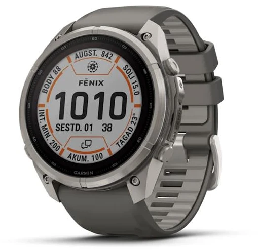 „Garmin fenix 9 Pro“ Solar išmanusis laikrodis, „inReach“, 51 mm, titano korpusas su akmenukų pilkos spalvos silikonine apyranke
