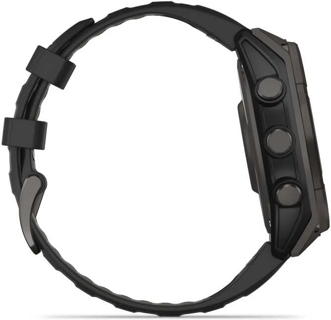 Išmanusis laikrodis Garmin Fenix 8 51 mm, Solar, Sapphire, Pilkos anglies spalvos DLC titanas su juodos / pilkos akmenukų spalvos silikoniniu dirželiu