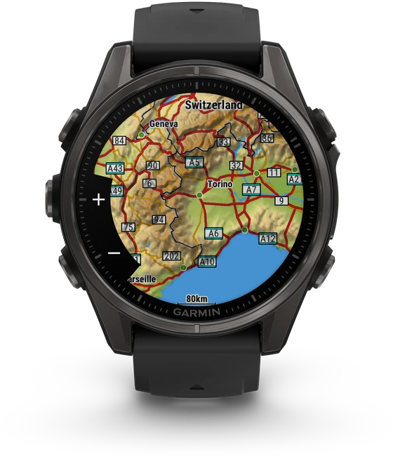 Išmanusis laikrodis Garmin Fenix 8 – 43 mm, AMOLED Sapphire, Pilkos anglies spalvos DLC titanas su juodos / pilkos akmenukų spalvos silikoniniu