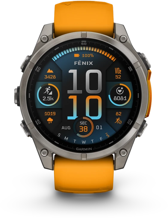 Išmanusis laikrodis Garmin Fenix 8 - 47 mm, AMOLED Sapphire, Titanas su oranžiniu / grafito spalvos silikoniniu dirželiu