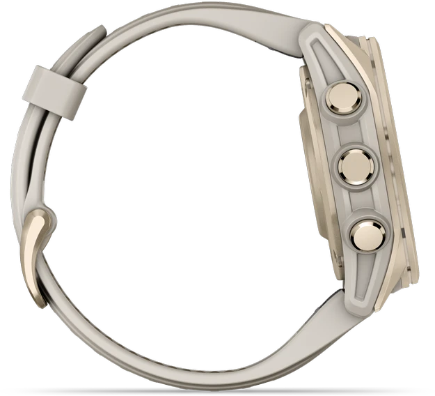 Išmanusis laikrodis Garmin Fenix 8 – 43 mm, AMOLED Sapphire, Šviesaus aukso ir rūko pilkos / tamsios smiltainio spalvos silikoninis dirželis