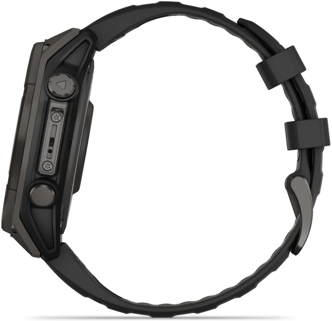 Išmanusis laikrodis Garmin Fenix 8 51 mm, Solar, Sapphire, Pilkos anglies spalvos DLC titanas su juodos / pilkos akmenukų spalvos silikoniniu dirželiu
