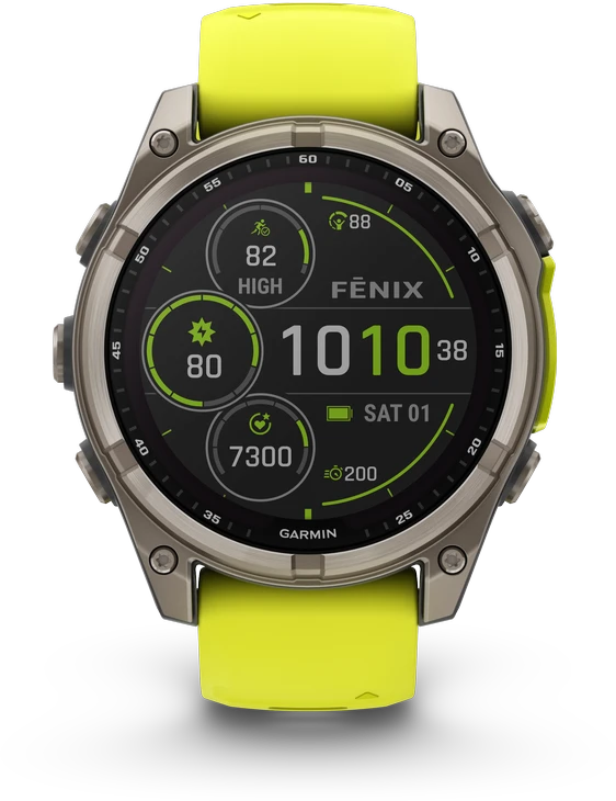 Išmanusis laikrodis Garmin Fenix 8 47mm, Solar, Sapphire, Titanas su ryškiai geltonu / grafito spalvos silikoniniu dirželiu