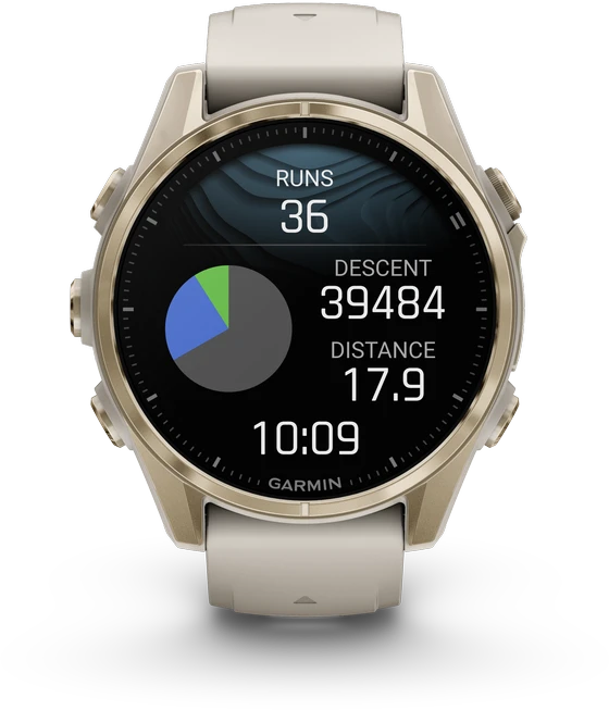 Išmanusis laikrodis Garmin Fenix 8 – 43 mm, AMOLED Sapphire, Šviesaus aukso ir rūko pilkos / tamsios smiltainio spalvos silikoninis dirželis