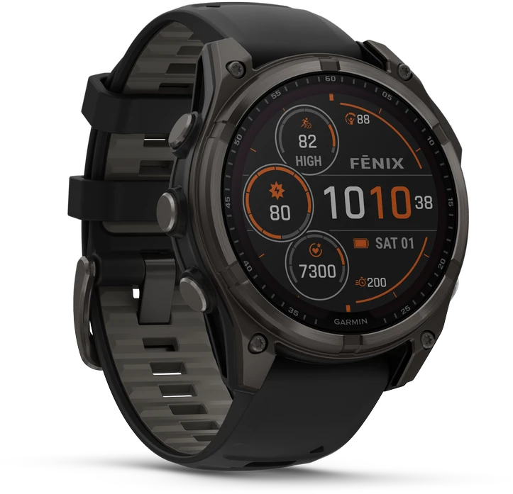 Išmanusis laikrodis Garmin Fenix 8 51 mm, Solar, Sapphire, Pilkos anglies spalvos DLC titanas su juodos / pilkos akmenukų spalvos silikoniniu dirželiu