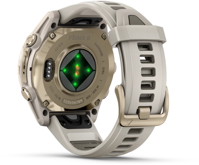 Išmanusis laikrodis Garmin Fenix 8 – 43 mm, AMOLED Sapphire, Šviesaus aukso ir rūko pilkos / tamsios smiltainio spalvos silikoninis dirželis