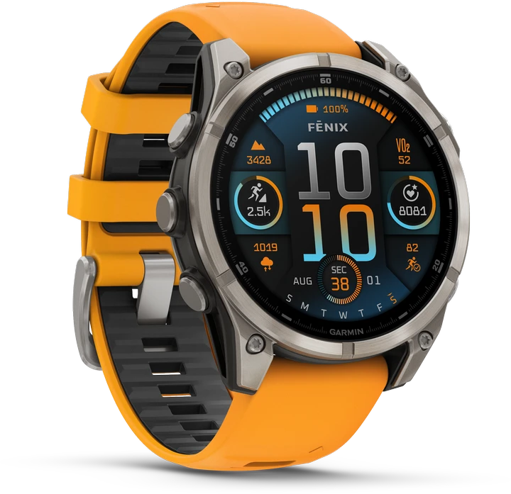 Išmanusis laikrodis Garmin Fenix 8 - 47 mm, AMOLED Sapphire, Titanas su oranžiniu / grafito spalvos silikoniniu dirželiu