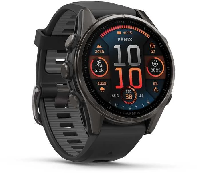 Išmanusis laikrodis Garmin Fenix 8 – 43 mm, AMOLED Sapphire, Pilkos anglies spalvos DLC titanas su juodos / pilkos akmenukų spalvos silikoniniu