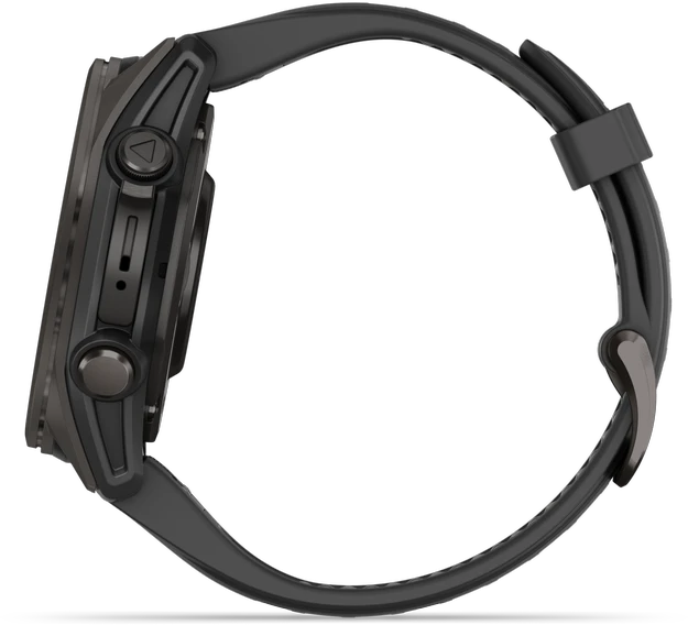 Išmanusis laikrodis Garmin Fenix 8 – 43 mm, AMOLED Sapphire, Pilkos anglies spalvos DLC titanas su juodos / pilkos akmenukų spalvos silikoniniu