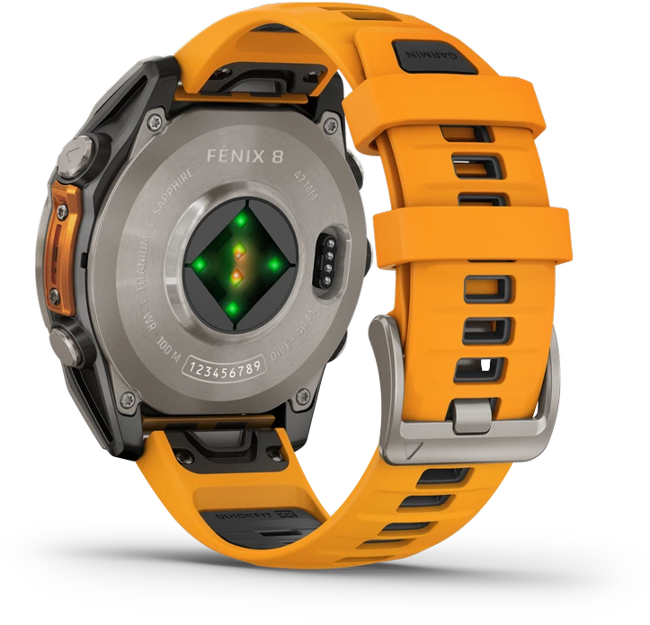 Išmanusis laikrodis Garmin Fenix 8 - 47 mm, AMOLED Sapphire, Titanas su oranžiniu / grafito spalvos silikoniniu dirželiu