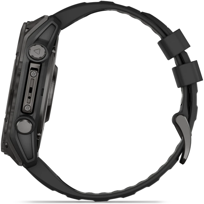 Išmanusis laikrodis Garmin Fenix 8  - 51 mm, AMOLED Sapphire, Anglies pilkumo DLC su juodos / pilkos akmenukų spalvos silikoniniu dirželiu