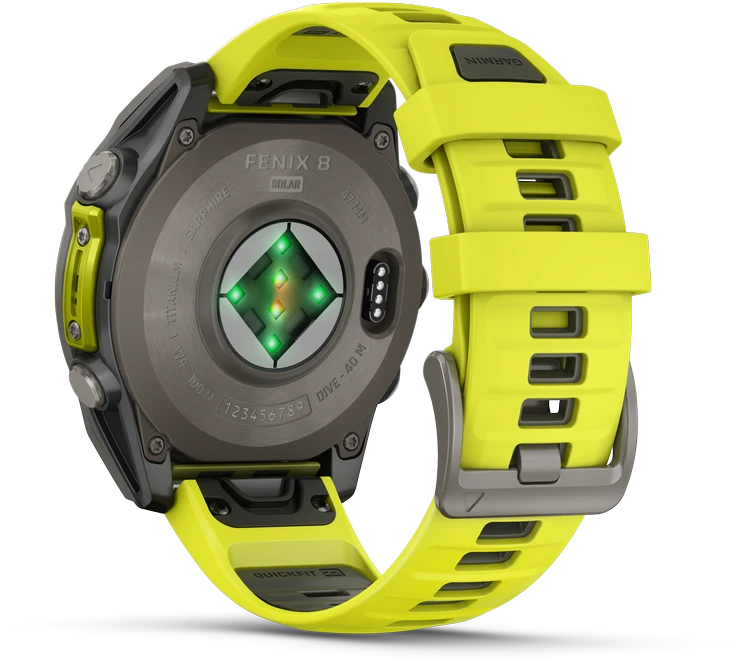 Išmanusis laikrodis Garmin Fenix 8 47mm, Solar, Sapphire, Titanas su ryškiai geltonu / grafito spalvos silikoniniu dirželiu