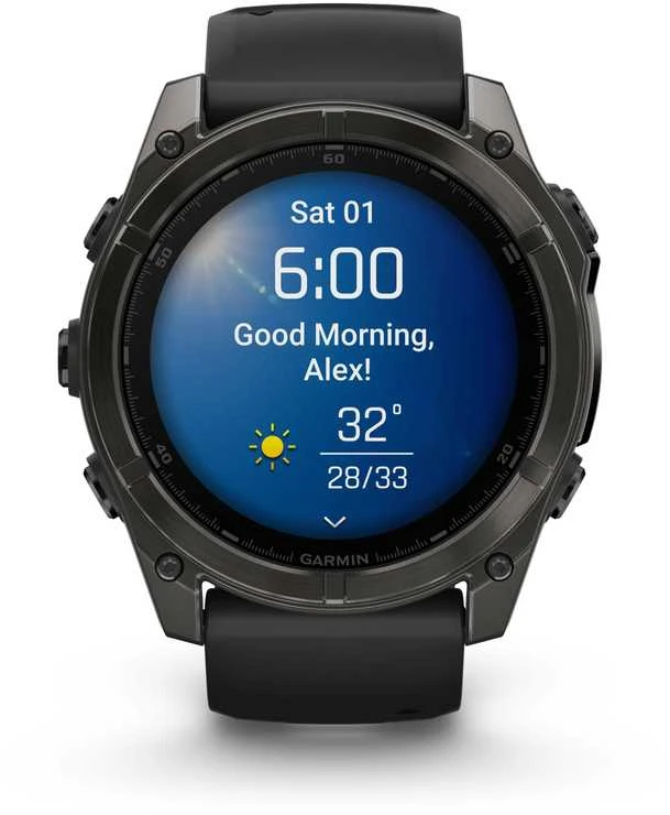 Išmanusis laikrodis Garmin Fenix 8  - 51 mm, AMOLED Sapphire, Anglies pilkumo DLC su juodos / pilkos akmenukų spalvos silikoniniu dirželiu