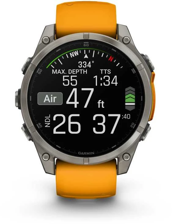 Išmanusis laikrodis Garmin Fenix 8 - 47 mm, AMOLED Sapphire, Titanas su oranžiniu / grafito spalvos silikoniniu dirželiu