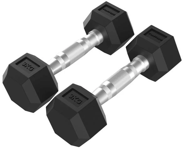 Hanteliai TUNTURI Platinum Hex Rubber Dumbbell, 1-50kg (Svoris: 2 x 3kg)