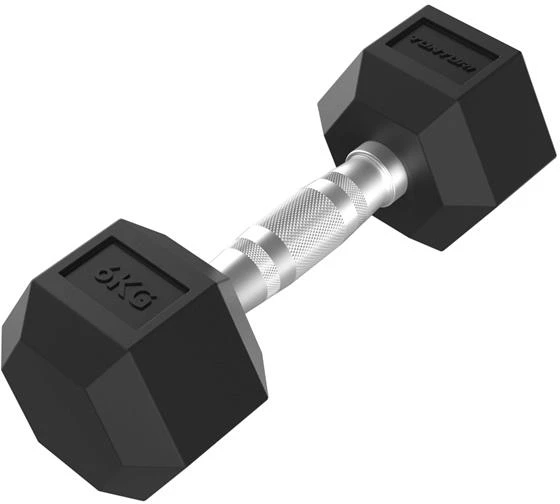 Kita Hanteliai TUNTURI Platinum Hex Rubber Dumbbell, 1-50kg (Svoris: 1 x 6kg)