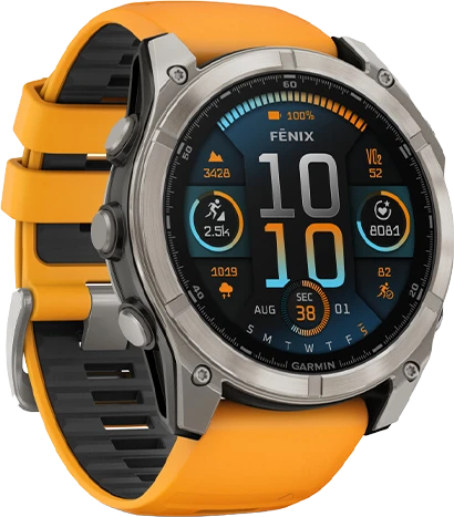Išmanusis laikrodis Garmin Fenix 8 – 51 mm, AMOLED Sapphire, Iš titano su oranžiniu / grafito spalvos silikoniniu dirželiu