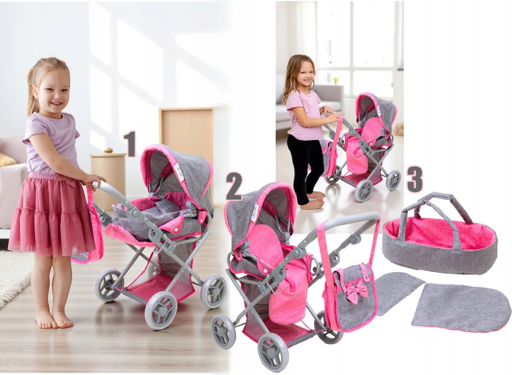 Doris Lėlių vežimėlio rinkinys 3in1, 6 dalių, su nešyne, patalyne, krepšiu ir kilimėliu, pilka / rožinė